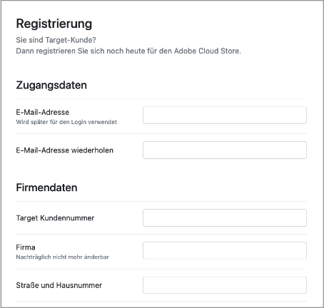 Registrierung Adobe Cloud Store